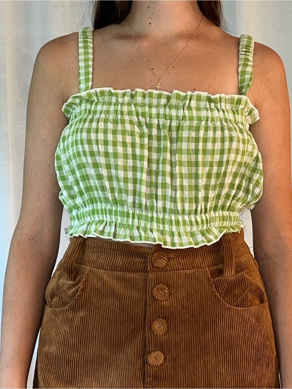 Green Gingham Smocked Cropped Tank Top